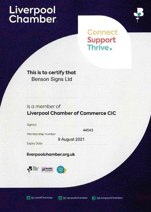 Benson signs liverpool chamber of commerce certificate