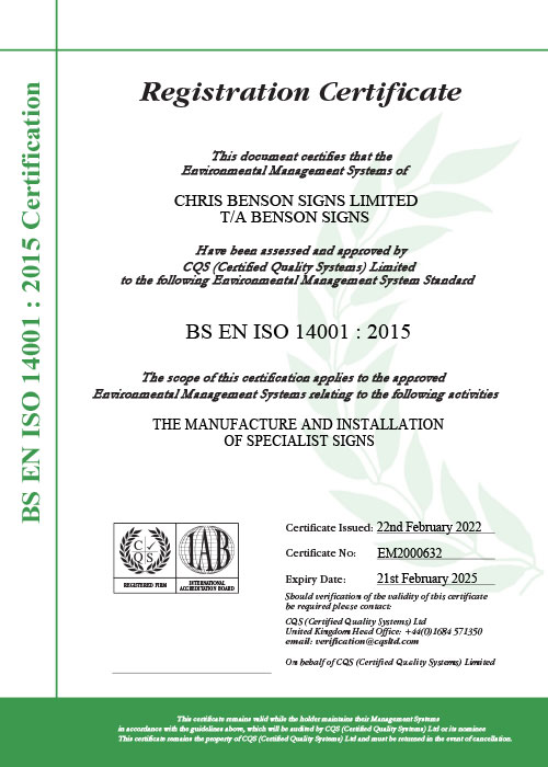 Benson signs ISO 14001 certificate