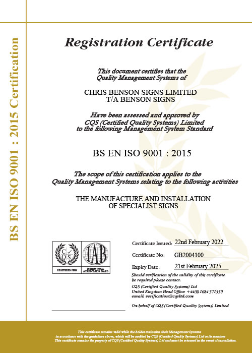 Benson signs ISO 9001 certificate
